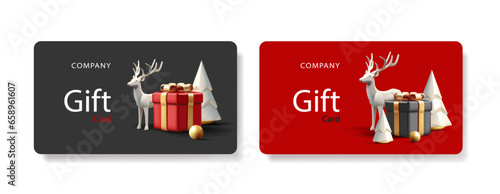 Set of gift vouchers or certificates with 3d render illustrations of Christmas tree, reindeer and gift box, monochrome shapes graphics in red and black colors