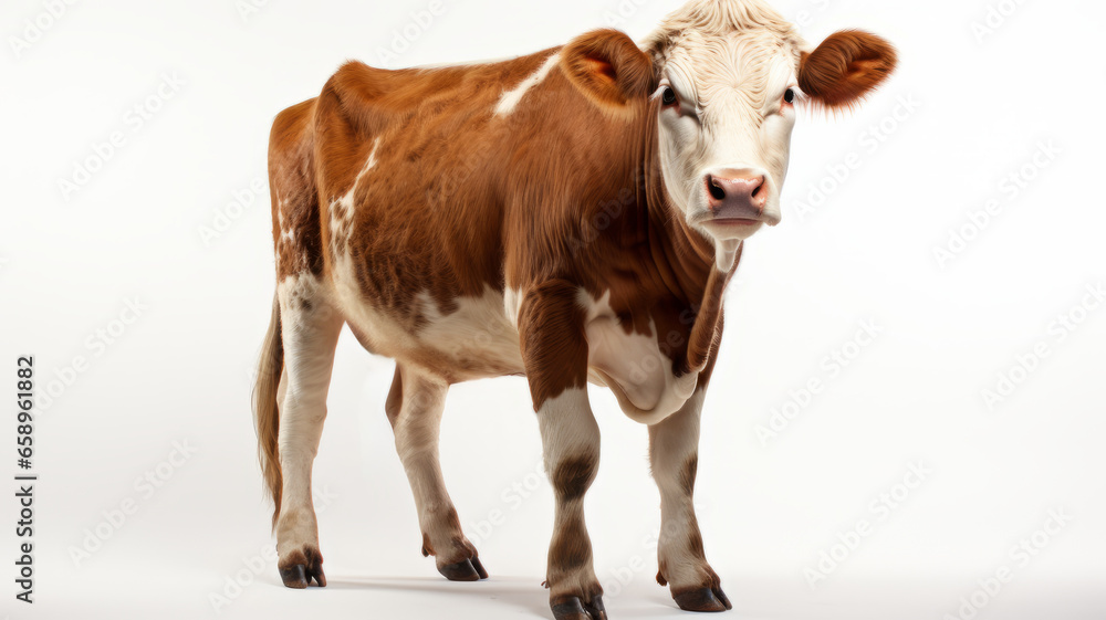 Happy cow standing in front of white background.