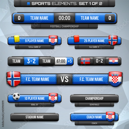 Football elements for broadcasting match. Sport scoreboard with time, information and result display. Vector template for your design.