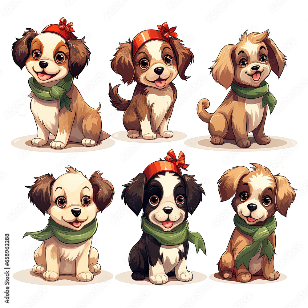 Cartoon Dog Clipart Collection, Embodying the Joy and Warmth of the Festive Season on a White Background