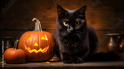 Black cat and pumpkin, halloween style. © terek