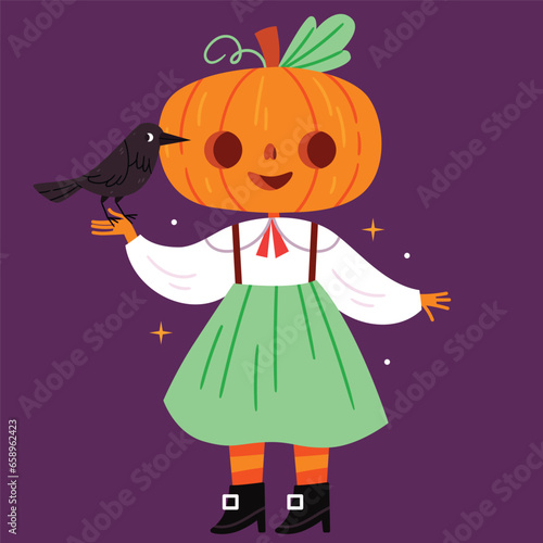 Pumpkin scarecrow in a girl's vintage outfit holding a crow. Halloween.Pumpkin scarecrow in a girl's vintage outfit holding a crow. Halloween.