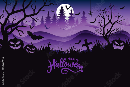 Halloween flyer background, Halloween slide background, purple, vintage, scary, Halloween banner clipart with Happy Halloween text, symbol, font, pumpkin vector, Halloween party invitations for adults