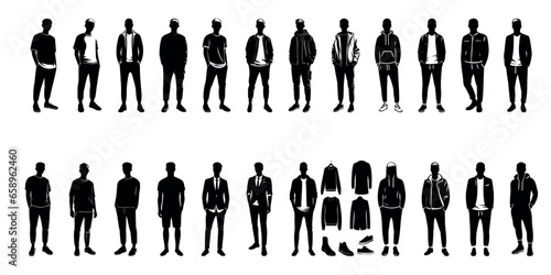 Male clothing, fashionable youth style, modern design of guys in costumes, black silhouette on a transparent background, vector set of stencils.