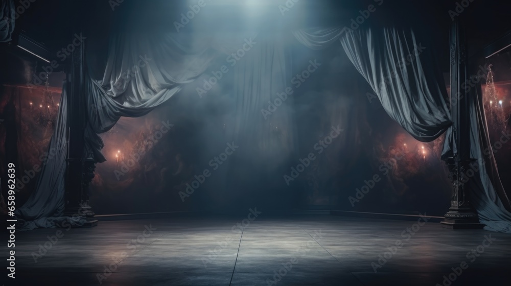 A stage with a stage curtain and lights