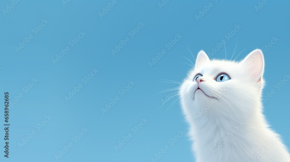 A white cat looking up at the sky