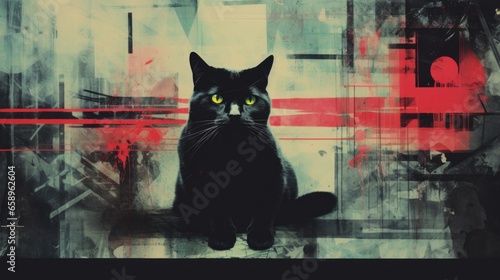 A painting of a black cat with yellow eyes
