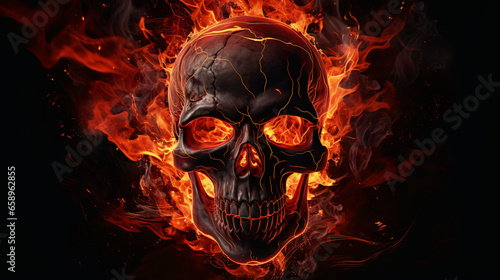 Black skull in fire flames.