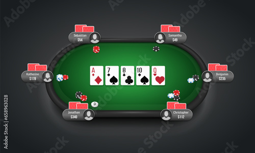 Poker table with players, cards and chips. Poker room. Texas hold'em online game. Vector illustration.