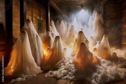 ghosts in an old barn. Group photo ghost meeting, cinematic golden halloween meeting, generative ai