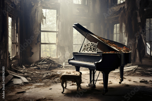 grand piano in a ruined building