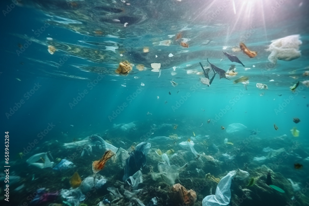 Fototapeta premium Garbage in the ocean. Ecological problem concept. Underwater view