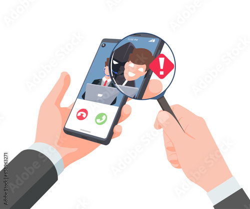 Hand businessman Holding smartphone and check call from unknown or stranger number. Scam, Prank, Fraud, and phishing on a mobile phone. Vector illustration flat design.