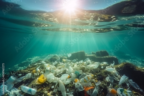 Garbage in the ocean. Ecological problem concept. Underwater view © lelechka