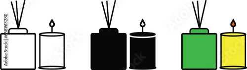 Scented candle and reed diffuser oil icon collection lined, isolated, colored. Illustration vector