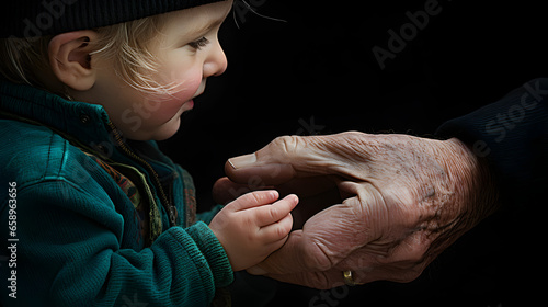 grandfather holding the hand of his baby grandson  , love in family. created by generative AI technology © nali