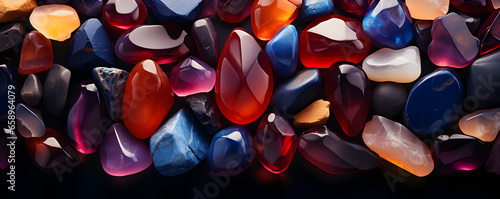 arrière-plan rempli de pierres polies de différentes couleurs - lithothérapie