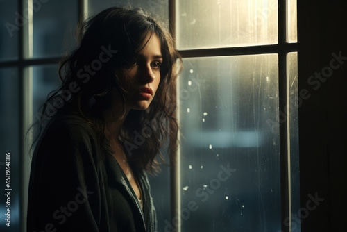 Sad girl for window, face of depression, blue monday © annne
