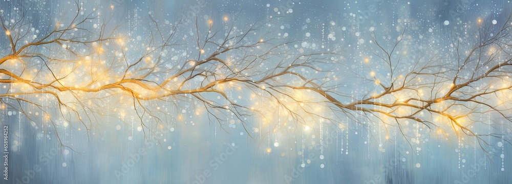 An abstraction of tree branches, yellow light and snowfall. Abstract bokeh backdrop. New year and Christmas background footage.