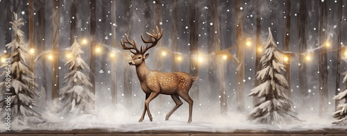 A deer with big horns on the background of a forest and Christmas trees. Abstract bokeh backdrop. New year and Christmas background footage. © volga