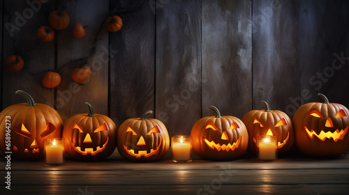 Row of jack-o-lantern pumpkins and candles on wooden table with wooden backdrop. Halloween background. Generative AI