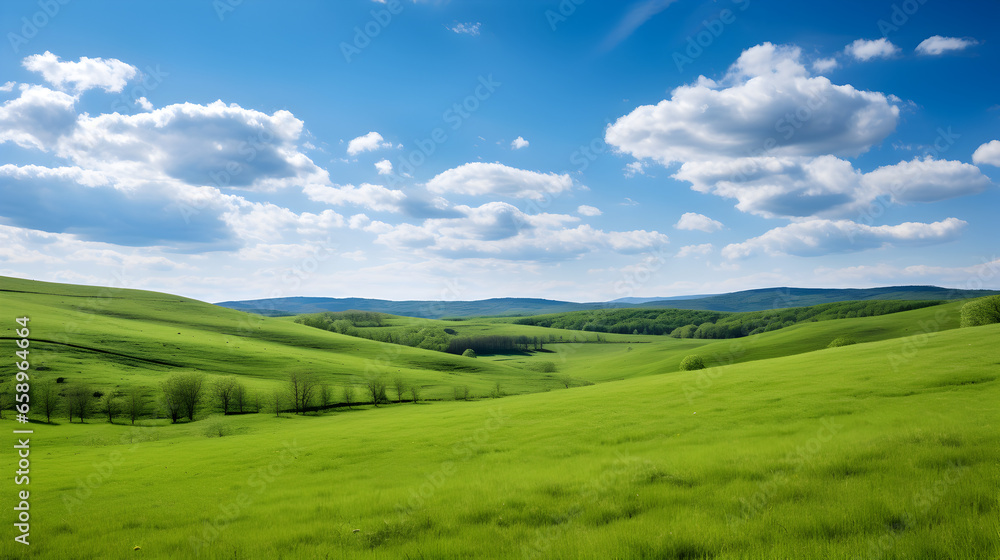 Green meadow on a hilly landscape. (Wide photo)