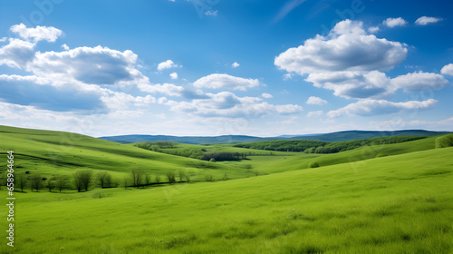 Green meadow on a hilly landscape.  Wide photo 