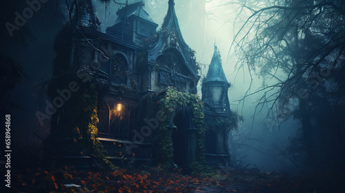 Haunted mansion covered with fog  night scene. Creepy house covered with vines. Halloween concept. Generative AI