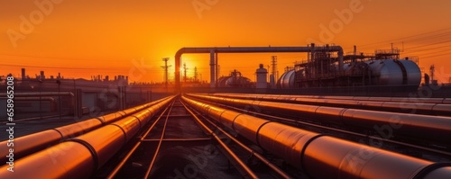 Industrial oil refinery plant. Dusk view of petroleum manufacturing facility