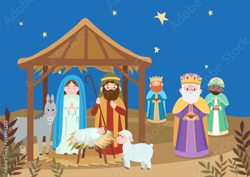  Nativity scene with baby Jesus, Mary, Joseph, animals and in Bethlehem in cartoon flat style.Vector illustration