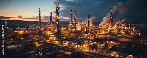 Industrial oil refinery plant. Dusk view of petroleum manufacturing facility