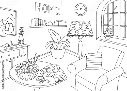 Living room graphic black white home interior sketch illustration vector 