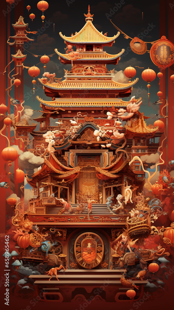 Obraz premium AI Chinese red background scene
