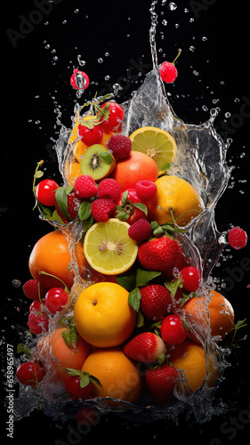Various fruits in the water in the black background