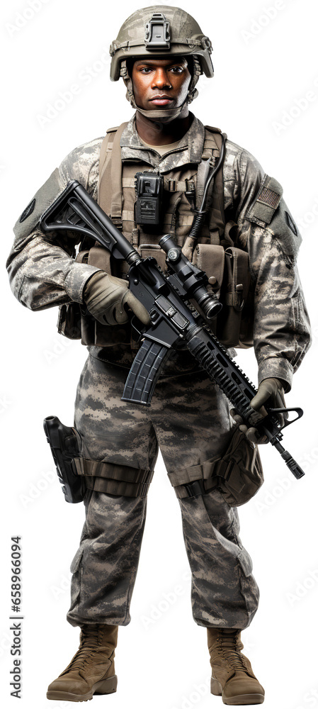 American black soldier in full height with a weapon in his hands. Modern equipment. Isolated on transparent background American black soldier in full height with a weapon in his hands. Modern equipment. Isolated on transparent background