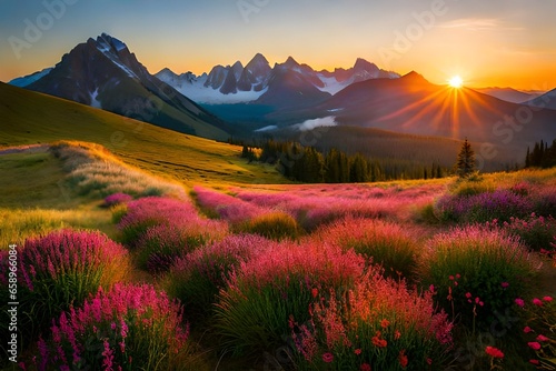 Sunrise over a highland meadow, where wildflowers bloom in the shadow of lofty summits