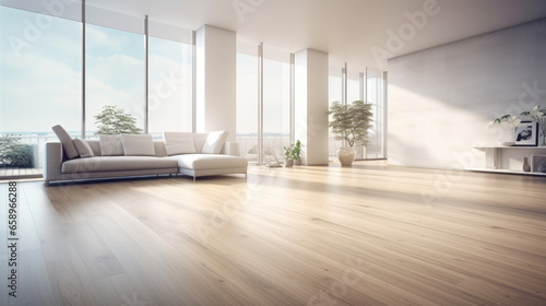 Modern living room interior. Large bright room with laminate floor © vladico