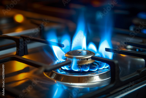 Close up of gas burning on modern kitchen in background of gas stove and blue or orange gas flame on hab. Abstract concept of Fire and equipment.