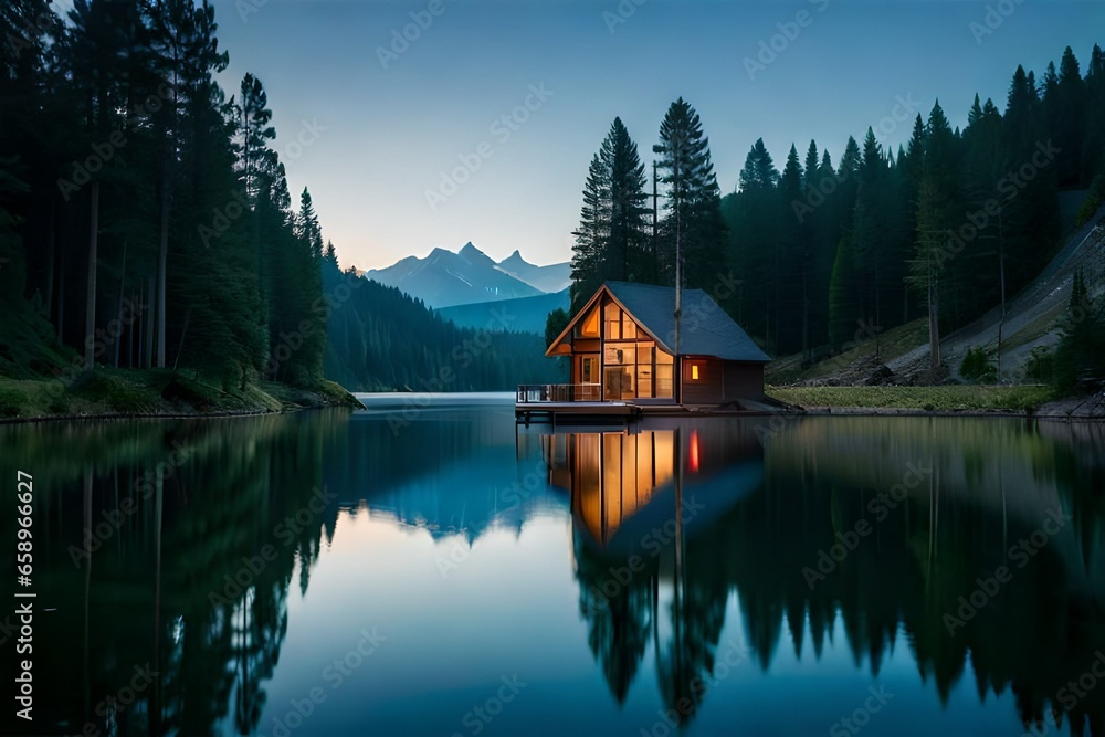 Fototapeta premium A serene lakeside retreat with a cozy cabin nestled among towering pine trees
