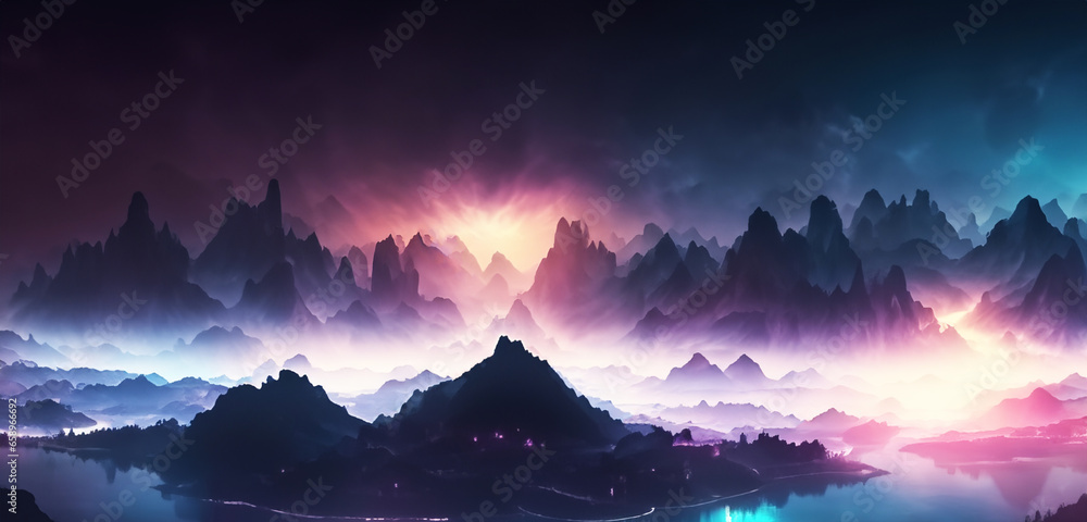 fantasy land Panorama of the mountains in with the complexity of colorful and mysterious light and shadow