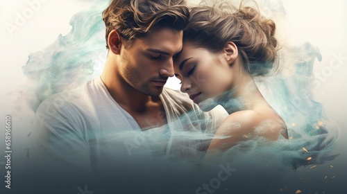 Beautifully cuddling pair in love. Stylish double-exposure book cover for a romance novel