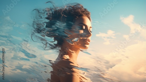 Beautiful girl in innovative double exposure photo with sea © Ai Studio