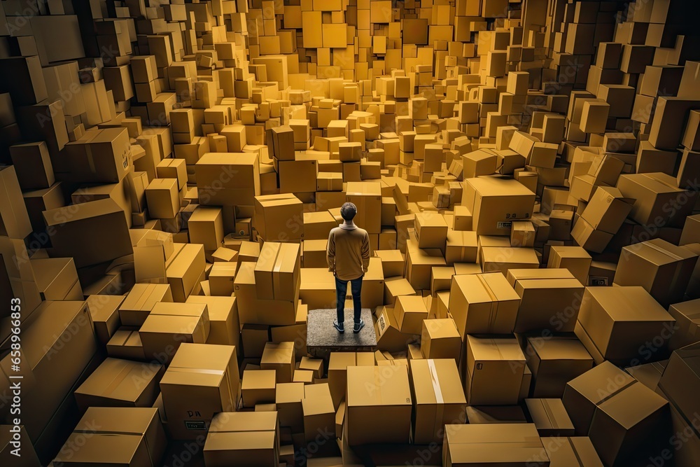 Obraz premium Distribution warehouse with the business SME owner or deliveryman person standing among the pile of parcel boxes in storehouse background.