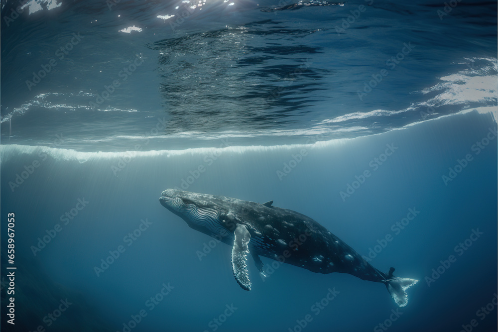 Fototapeta premium Ballena nadando en el agua, vista subacuática. Concepto protección animal. Generative ai
