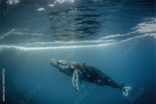 Ballena nadando en el agua, vista subacuática. Concepto protección animal. Generative ai