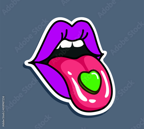 Lips with tongue. Open female mouth, red lips and tongue hanging out with a pill on it. Acid drug lying in oral cavity close up view. Love addiction heart pill. Vector illustration.