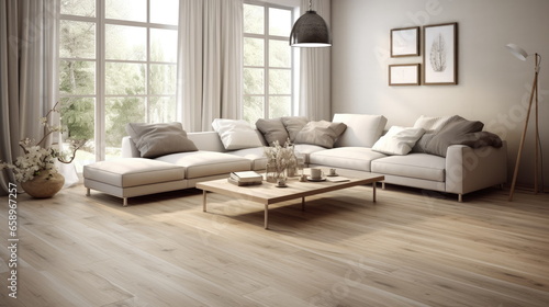 Modern living room interior. Large bright room with laminate floor