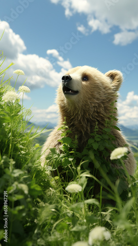 A cute little bear played happily on the green grass © 昊 周