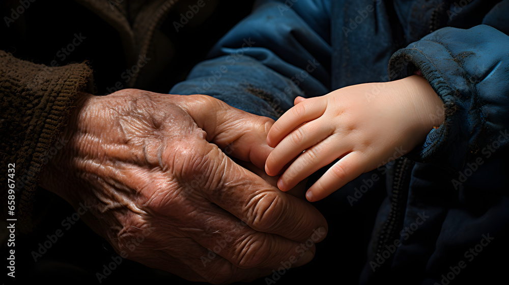 grandfather holding the hand of his baby grandson  , love in family. created by generative AI technology