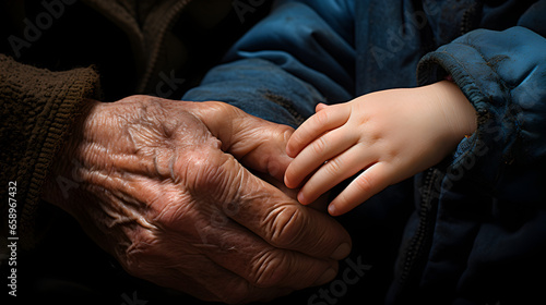 grandfather holding the hand of his baby grandson , love in family. created by generative AI technology